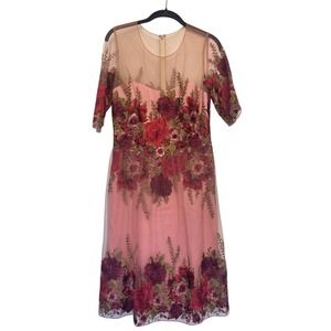 MARCHESA NOTTE Pink Floral Dress Women Sz 6 Embroidered Sheer Floral Lined Fairy